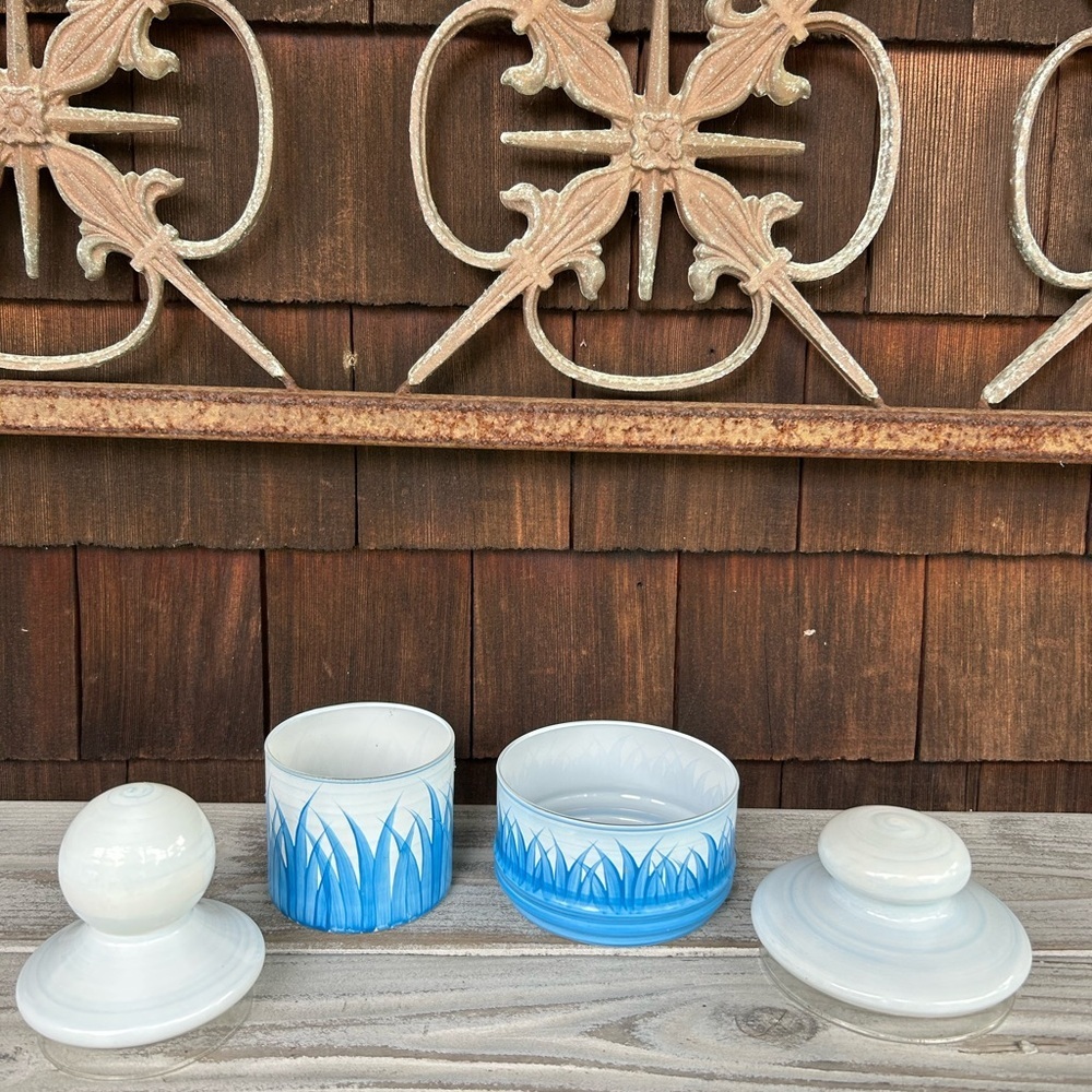 Vintage Blue and White Hand Painted Lidded Glass Jars with Coastal Motiff - Picture 3 of 8